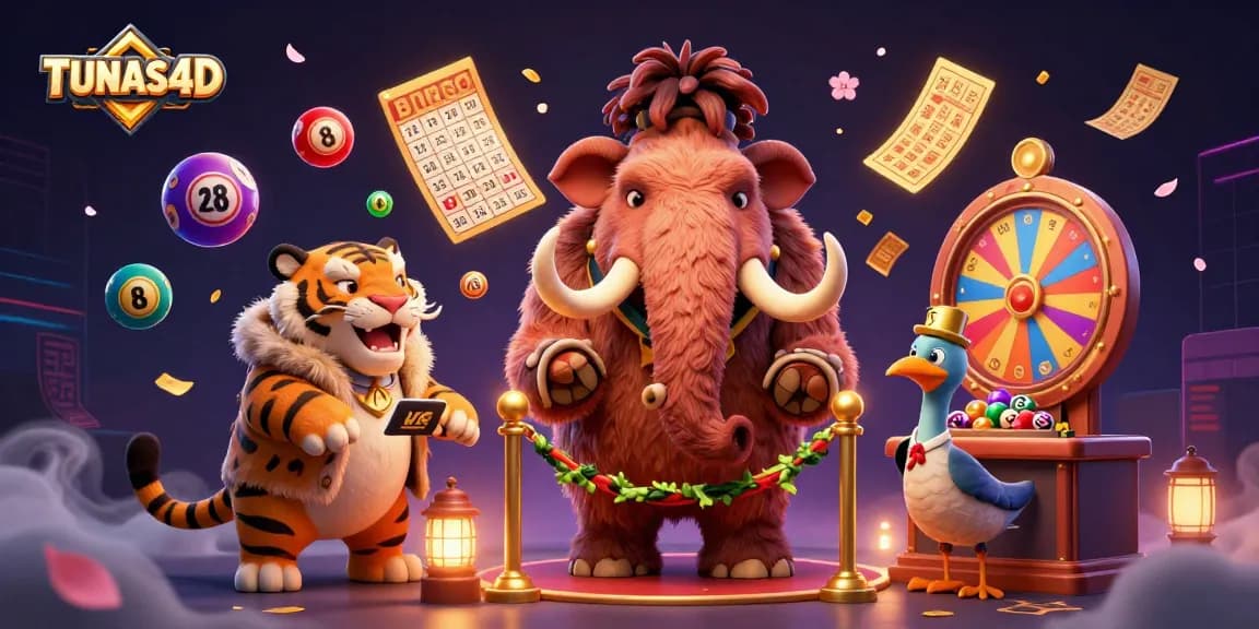 TUNAS4D offers a vibrant casino scene with a woolly mammoth bouncer and dynamic game elements.
