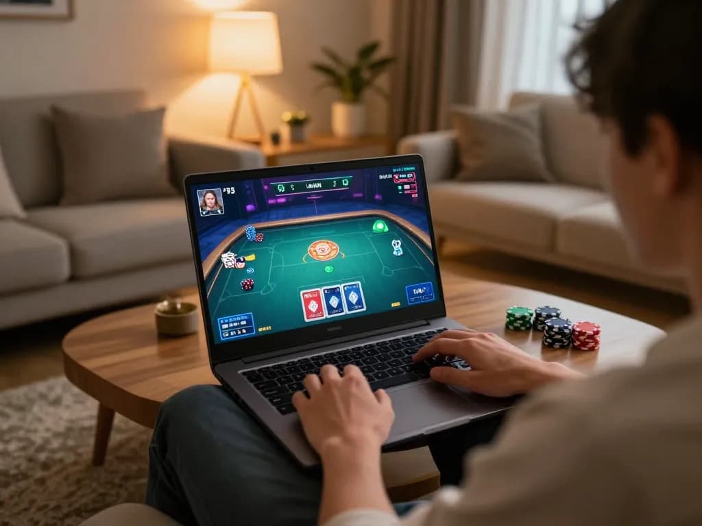 Engaging in a game 98win in a cozy home setting with a laptop, showcasing strategic online gaming.