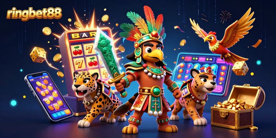 Experience thrilling jackpots with ringbet88 as Aztec warriors celebrate amidst coins and vibrant casino themes.