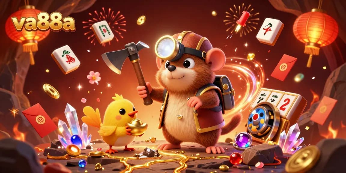 va88a captures the excitement of gaming with a vibrant treasure-hunting scene showcasing slot reels and festive elements.