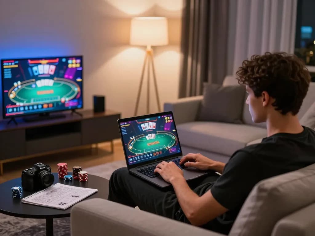 Player engaging with jangkar55 online poker game interface on a laptop for strategic gambling.