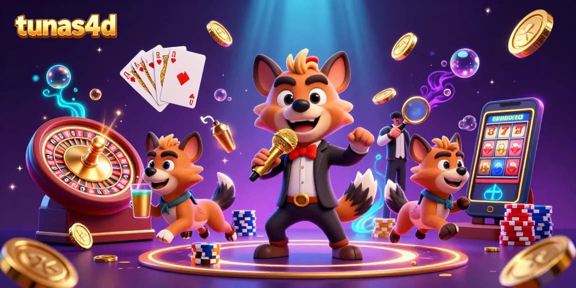 Experience tunas4d with a vibrant 3D illustration of hyenas running a casino club, showcasing energetic gaming elements.