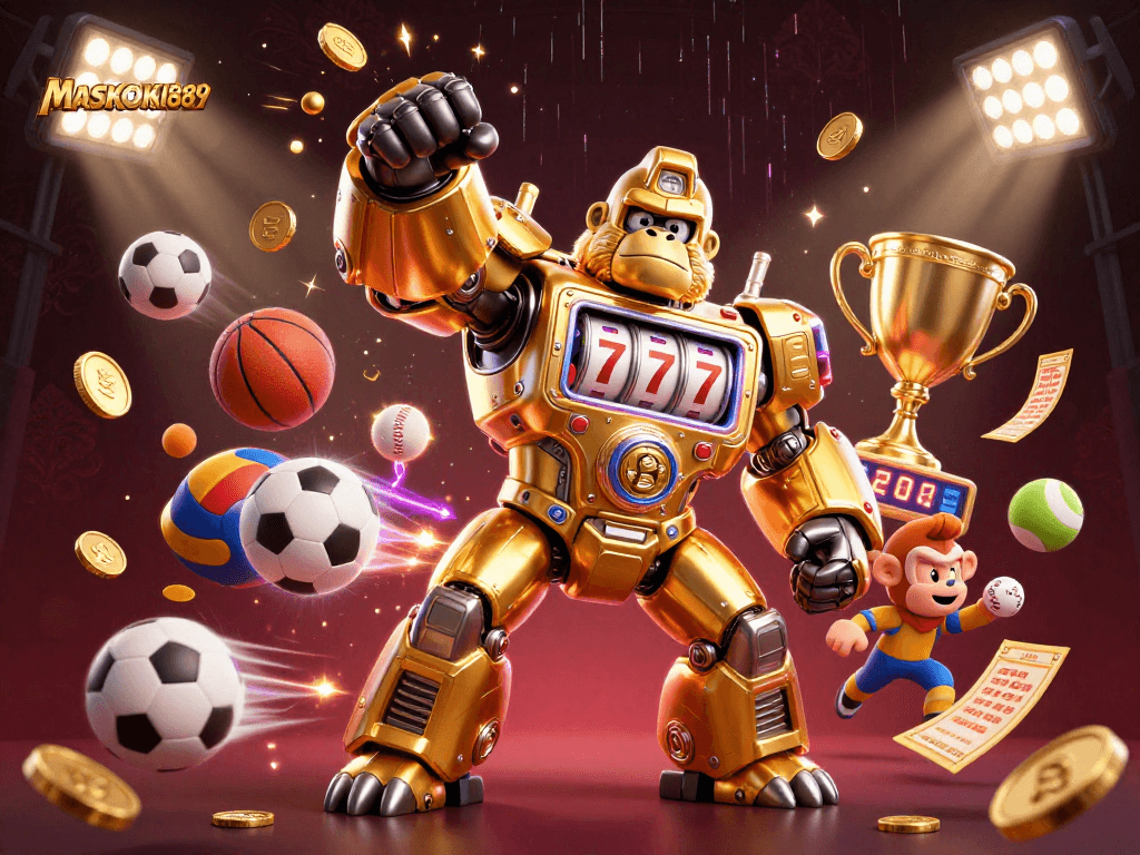 Engage with MASKOKI889's thrilling gaming scene featuring a golden gorilla mech and dynamic sports elements.