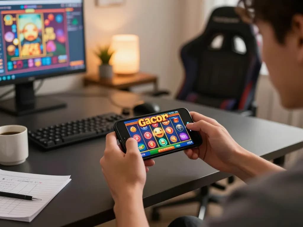 Experience thrilling slot gacor excitement while playing on a smartphone, capturing a dynamic online gambling moment.