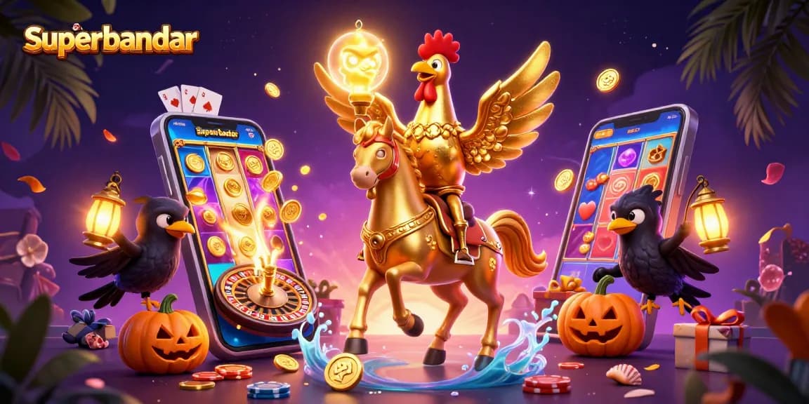 Game slot menampilkan superbandar dengan karakter unik dalam suasana kasino malam.