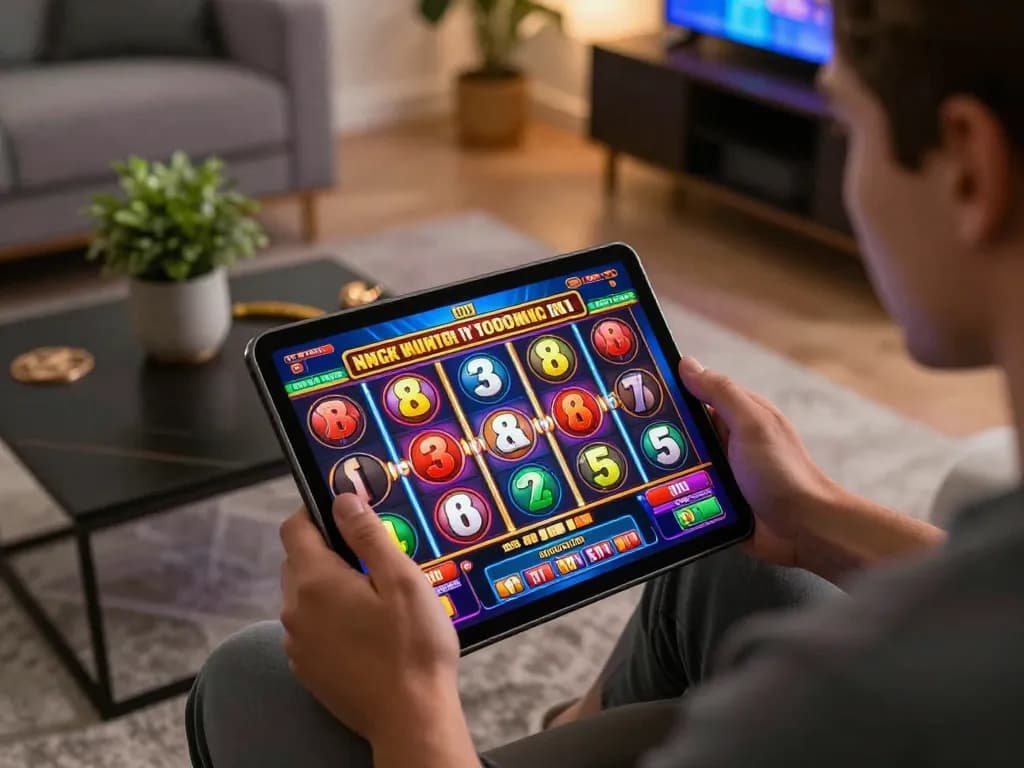 Pemain menikmati permainan slot hwg500 di tablet di rumah, layar cerah dan pengaturan yang nyaman.