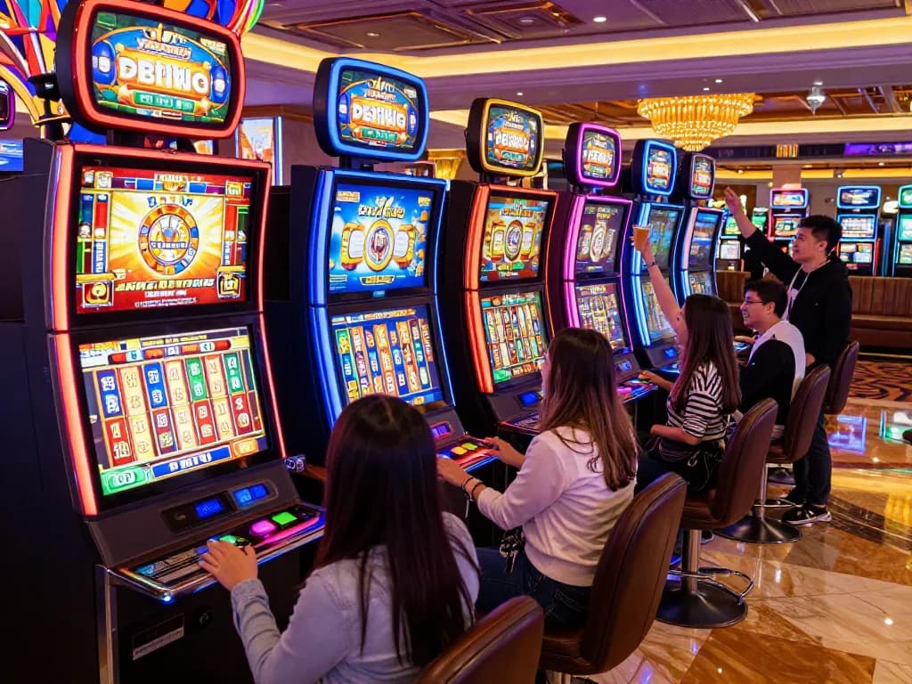 Players engaging with exciting slot machines in a vibrant casino atmosphere