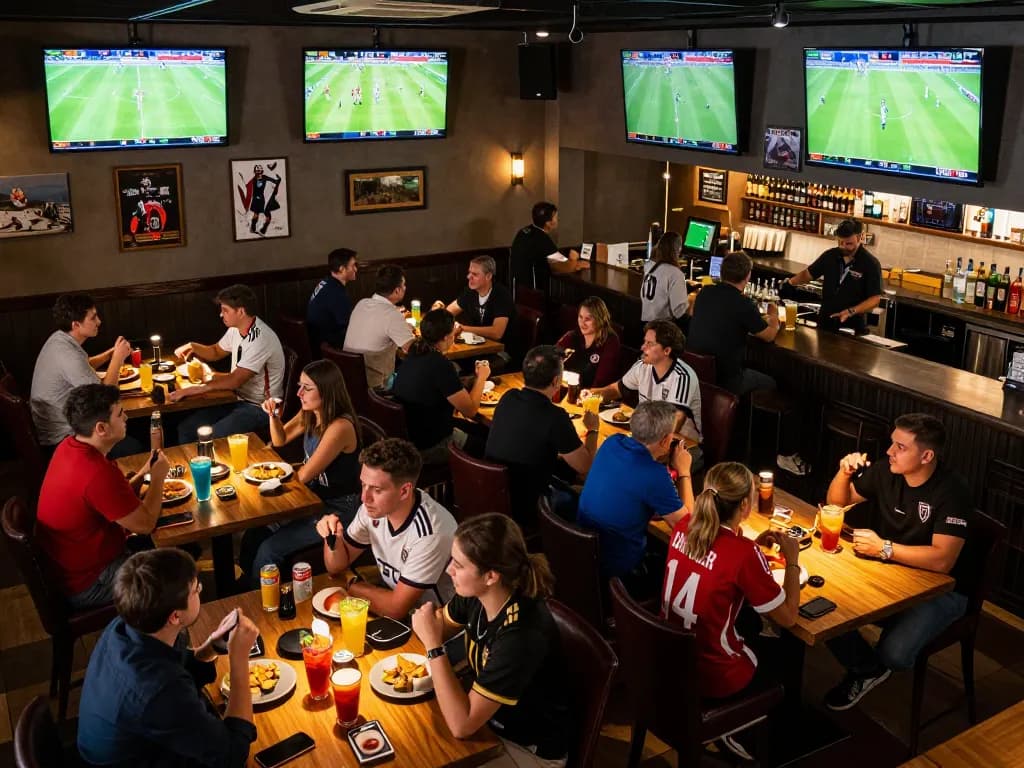 Kết quả bóng đá updates being passionately discussed by sports bar patrons enjoying matches