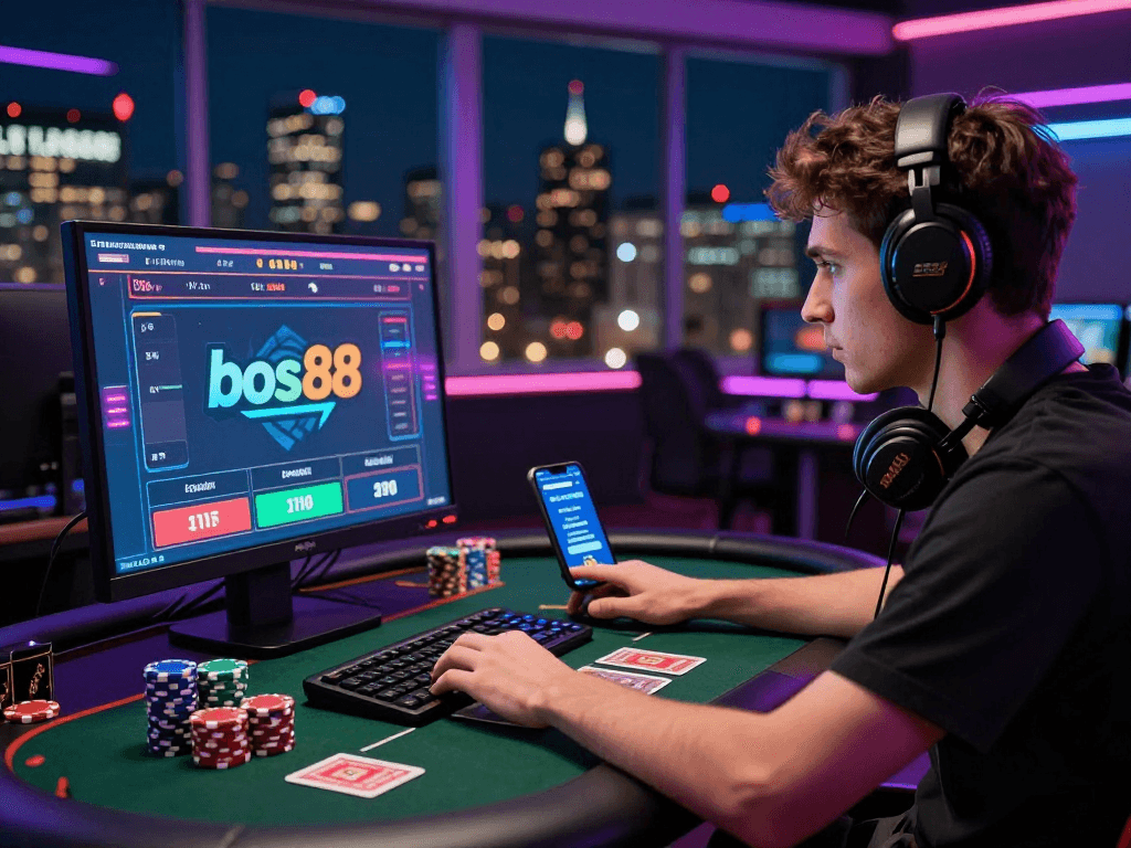 Pengguna bos88 terfokus bermain game online, dikelilingi suasana modern dengan lampu LED berwarna-warni.