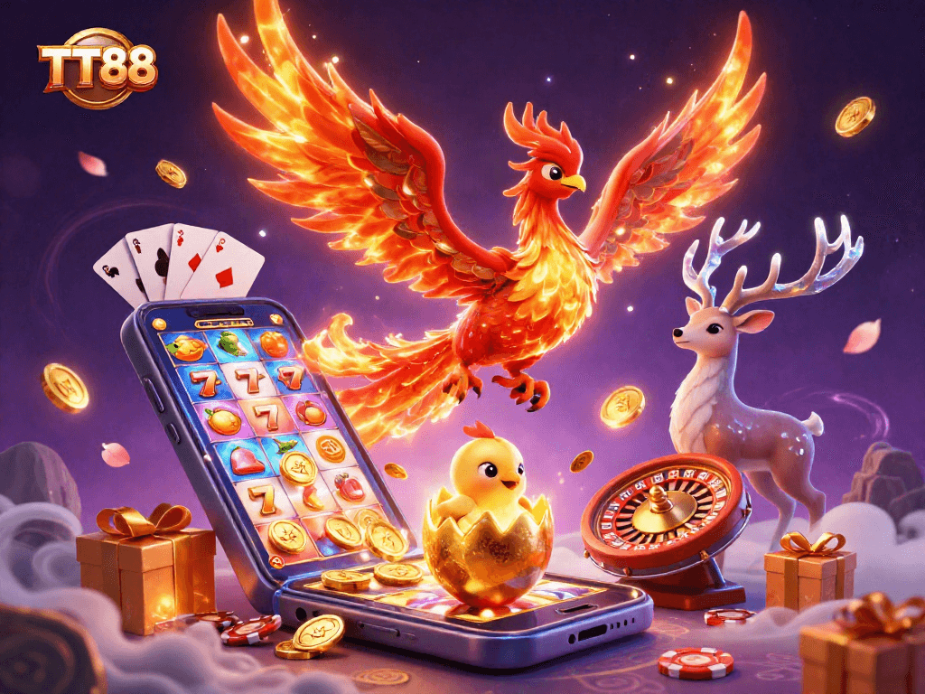 Play vibrant slot games for big wins at TT88, featuring a phoenix-themed dynamic scene.