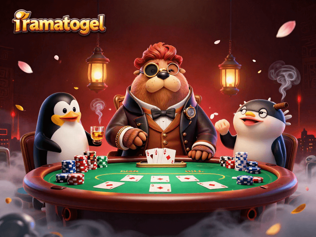 Mainkan iramatogel dengan geng ceria: walrus, dealer penguin, dan ikan puff beraksi di meja poker bawah laut.