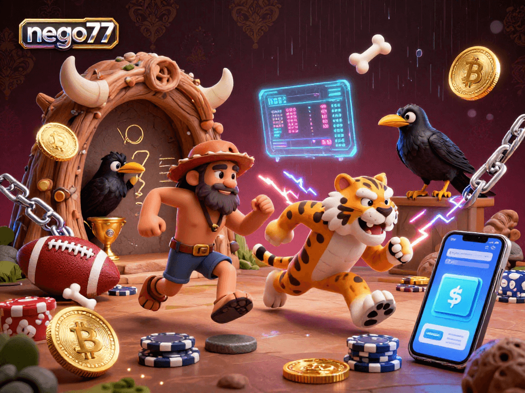 Nego77 sports betting mix parlay illustration with characters and vibrant gambling elements.
