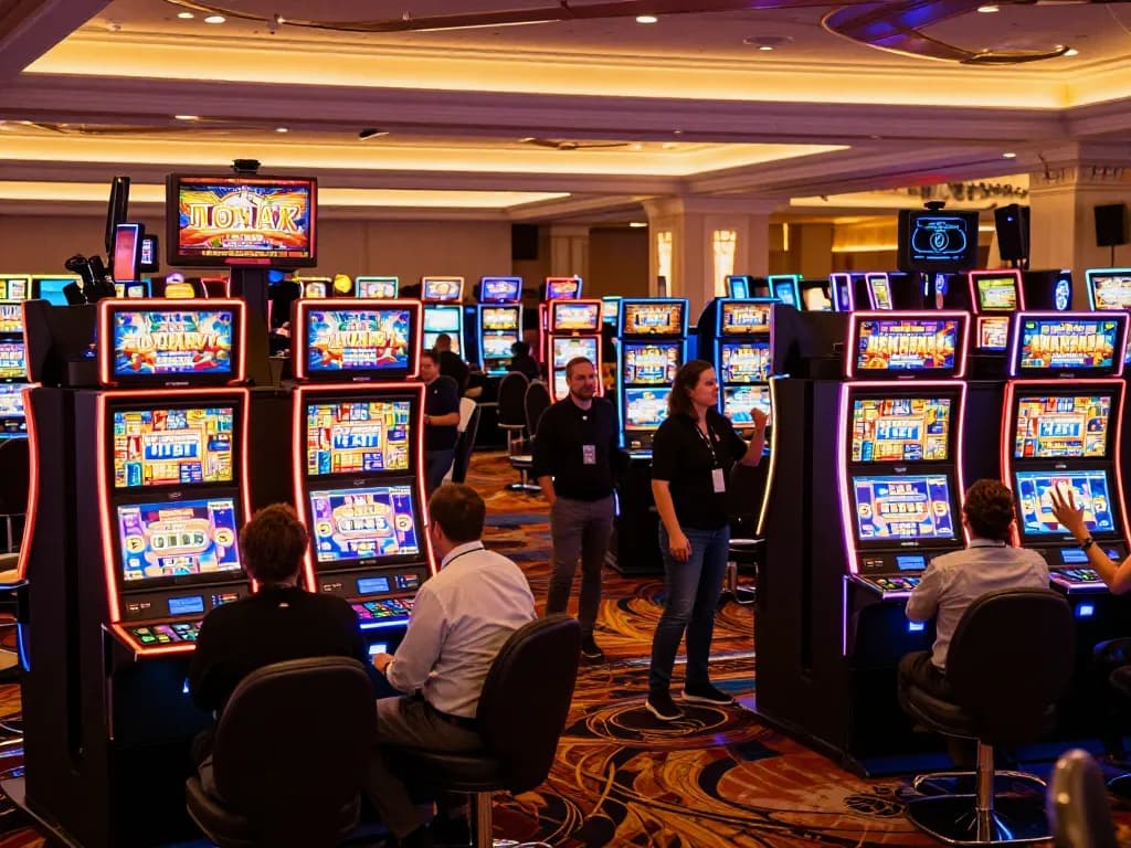 Players celebrating wins at fatfishcantinagrill's vibrant slot machines in a luxurious casino atmosphere.