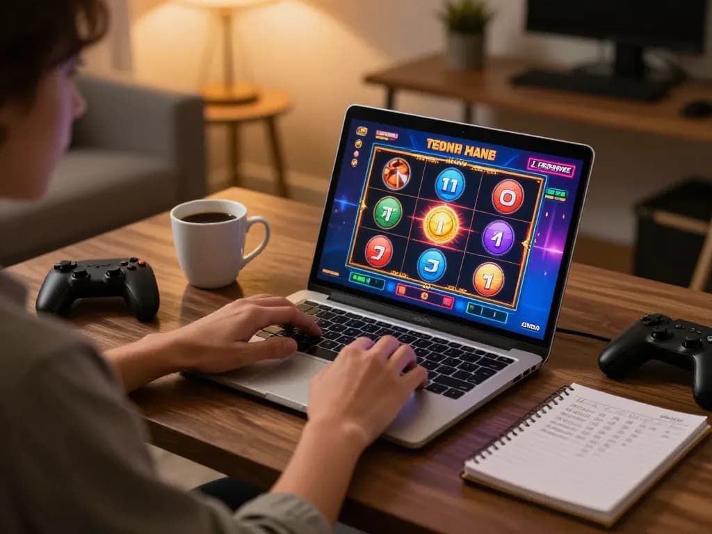 Player enjoying an online slot game on a laptop, highlighting the Agen Resmi experience in a cozy home setting.