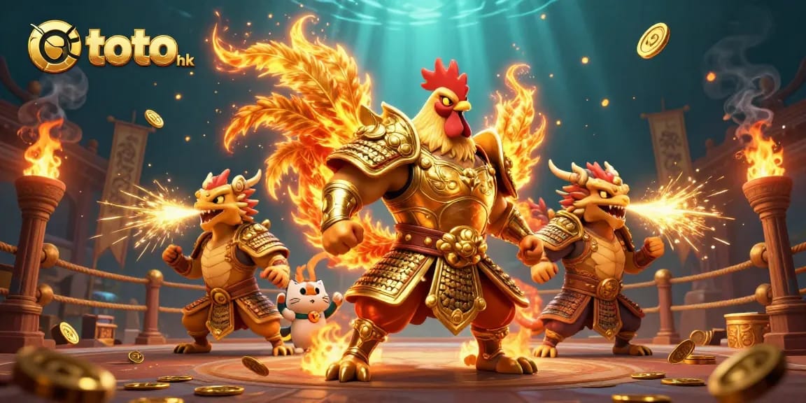 Mengamankan kemenangan di toto hk dengan ilustrasi karakter 3D bertarung di arena dengan efek emas dan debu api.