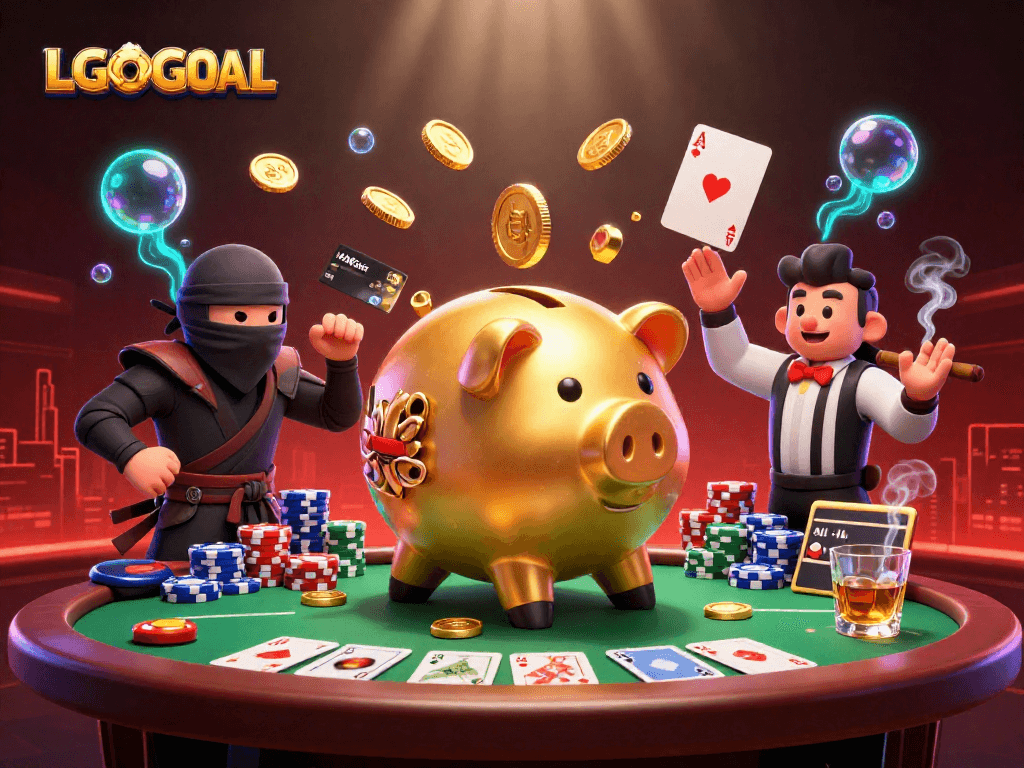 Engage with the thrilling LGOGOAL casino scene featuring a golden piggy bank sumo wrestler amidst dynamic poker action.