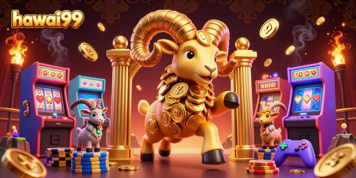 Join the thrilling action at hawai99 with golden ram charging through slots and arcade gaming elements.