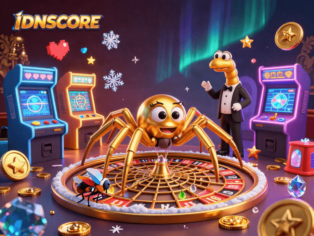 IDNSCORE spider spinning a roulette wheel web with colorful game machines around