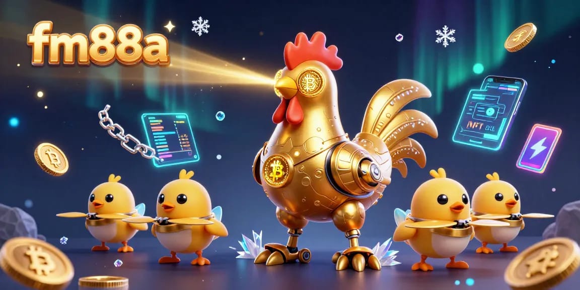 Engage in exciting betting with fm88a's vibrant digital casino scene featuring a golden rooster robot and dynamic gaming elements.