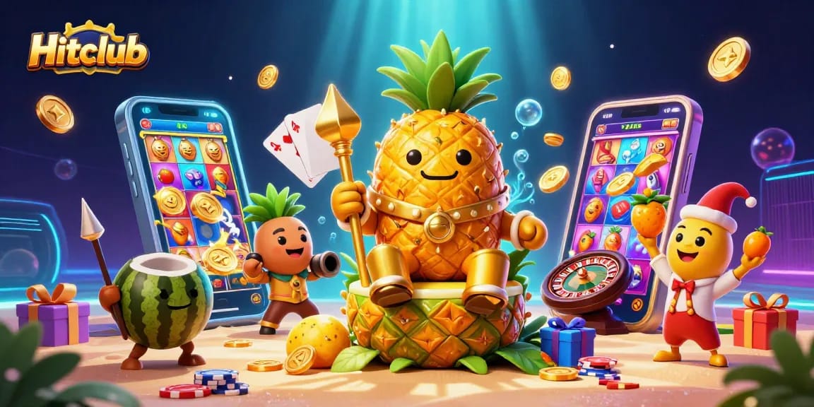 Hitclub’s vibrant casino scene featuring a golden pineapple king and lively beach elements, showcasing fun gaming action.