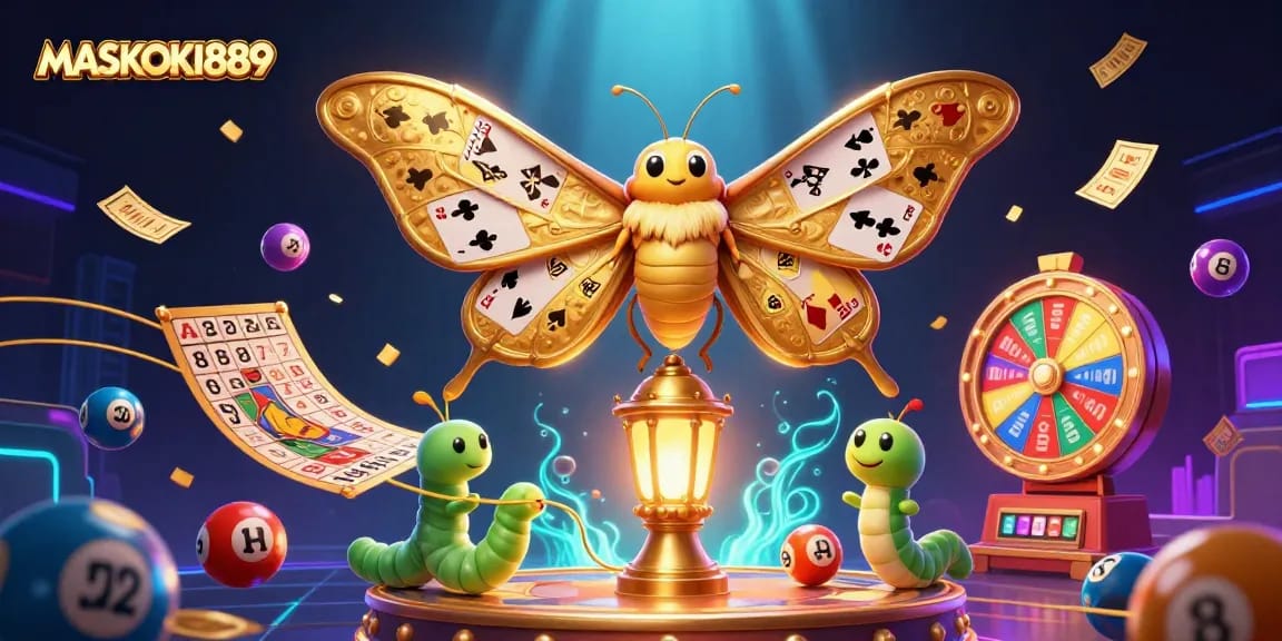 Experience the thrill of MASKOKI889 with a vibrant 3D casino illustration showcasing dynamic gaming elements.