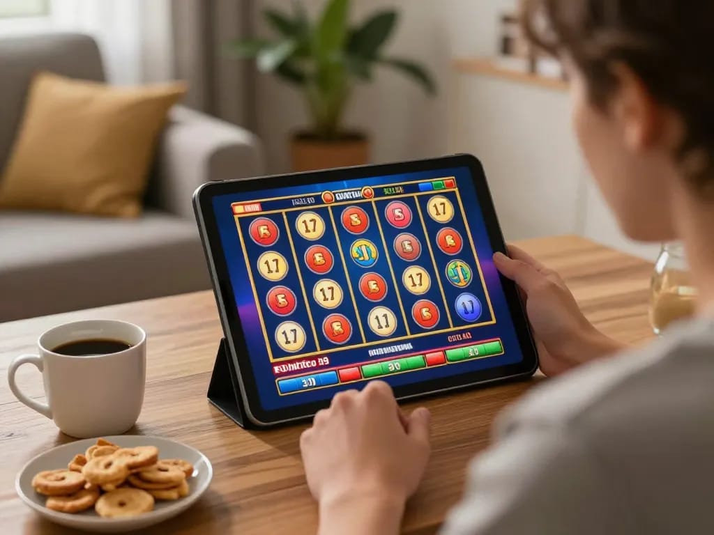 Engaging in link slot online gaming on a tablet in a cozy home setting