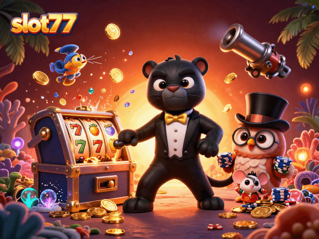 Spin the reels with slot777 in this vibrant 3D casino scene filled with symbols of luck and fortune.