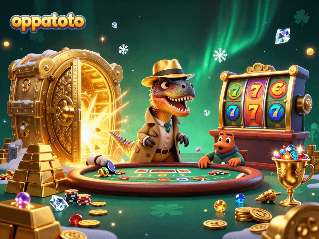 oppatoto cartoon velociraptor sneaks chips at blackjack table, surrounded by slot machines and gems