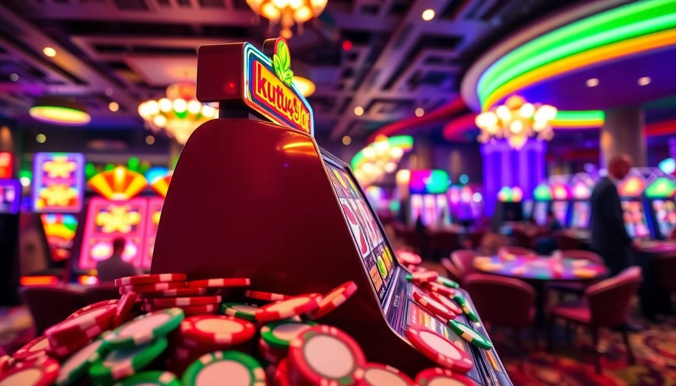 Putar kemenangan di kutu4d slot dengan chip berwarna-warni dan cahaya kasino yang cerah.