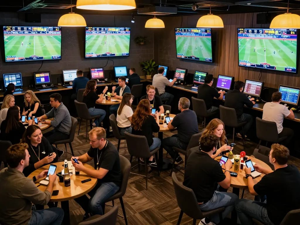 Visitors placing bets at https://fabet.limited/ while enjoying sports games in a lively lounge atmosphere.