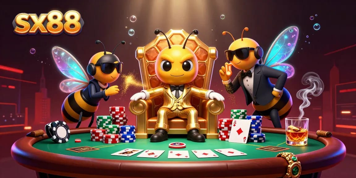 Play poker with sx88 at a vibrant casino featuring cartoon characters and engaging game elements.
