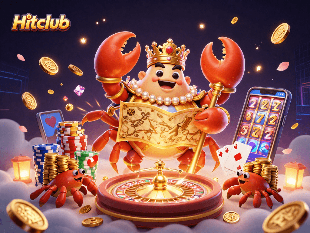 Hitclub's golden crab emperor oversees the dynamic casino realm filled with stacks of chips and games.