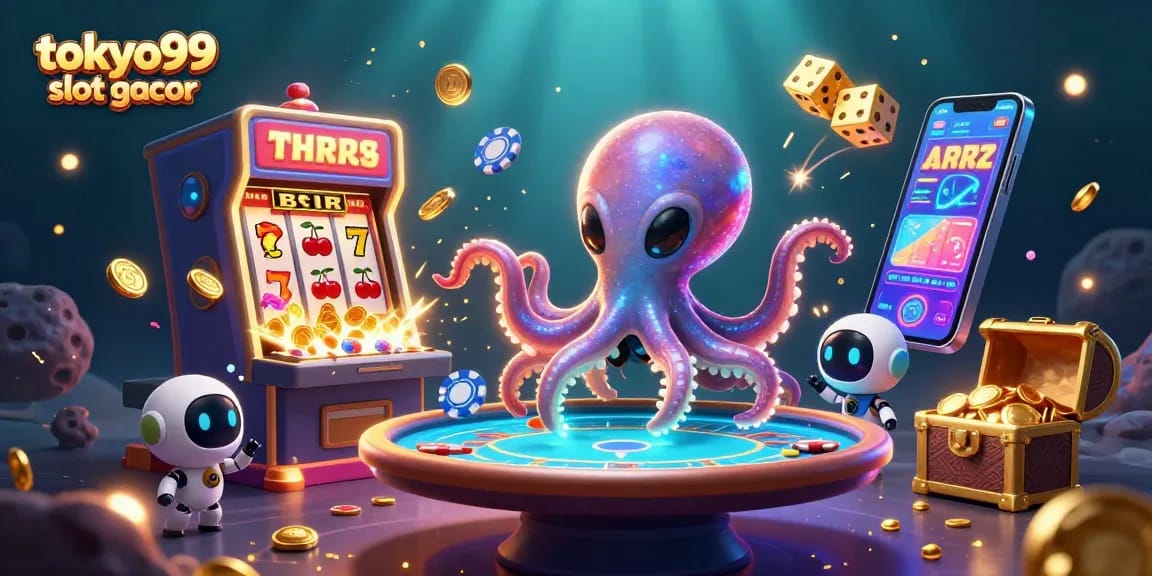 Mengalami keseruan tokyo99 slot gacor dengan ilustrasi 3D alien dan octopus bermain poker dan slot jackpot.
