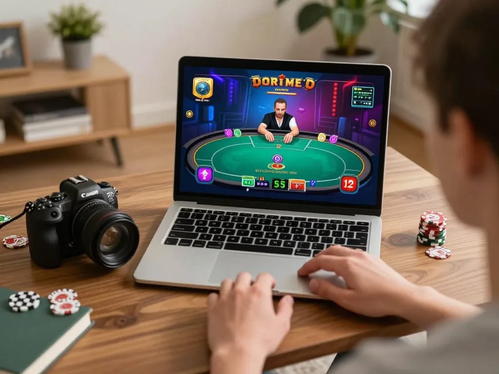 Engaged player using gawang69 online casino on a laptop at home, highlighting strategic gameplay.