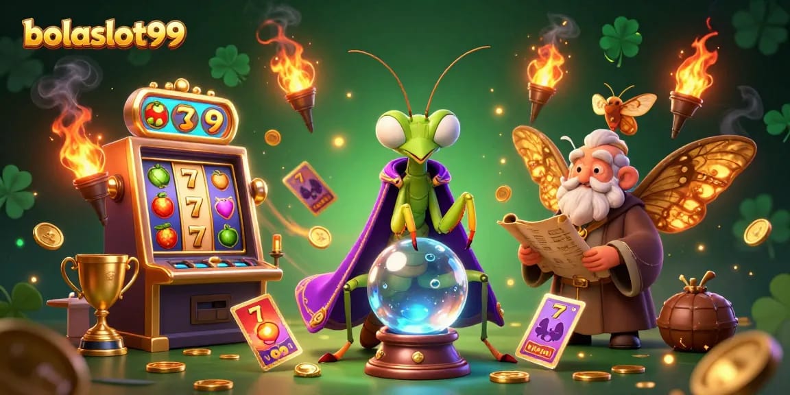 Bolaslot99 showcases vibrant slot gameplay with a mystical fortune teller and lucky charms in a thrilling casino scene.