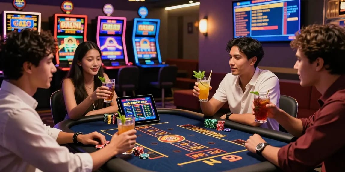 Engaged friends discussing strategies for slot gacor games at a modern casino.