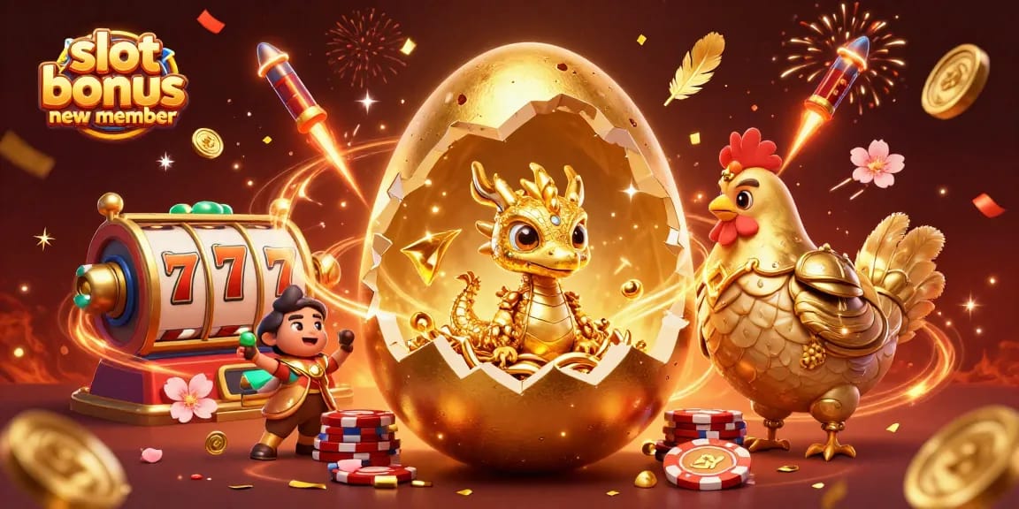 Menangkan slot bonus new member dengan visual menarik dari naga emas dan chip poker.