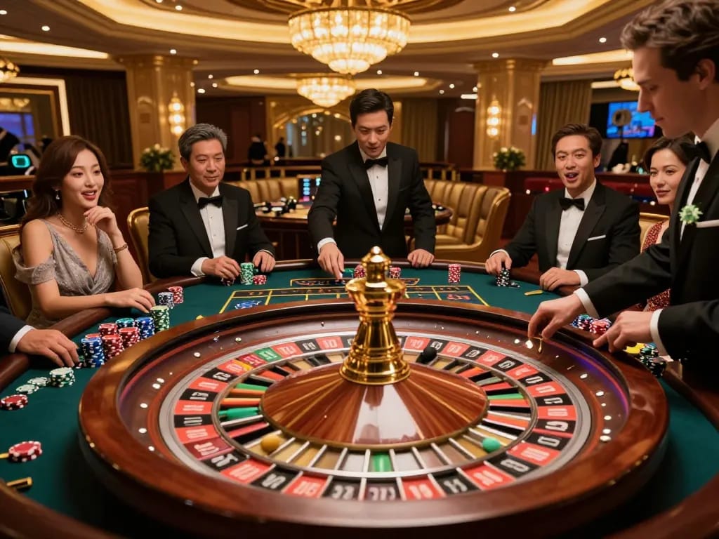 Kaisar 888 players celebrating their wins around a vibrant roulette table in an upscale casino atmosphere.