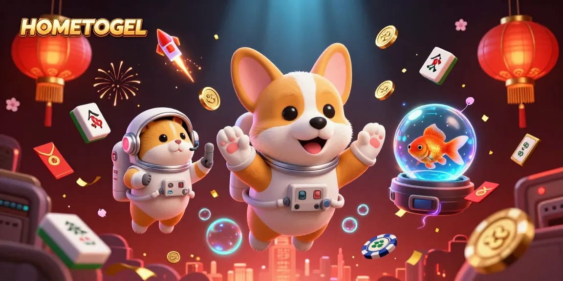Experience fun with HOMETOGEL as the astronaut corgi navigates a cosmic casino filled with vibrant gaming elements.
