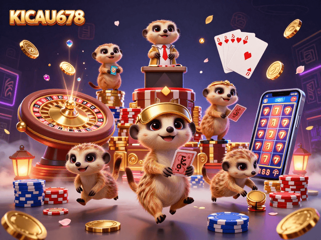 KICAU678's lively cartoon meerkat casino scene features interactive games and vibrant details.