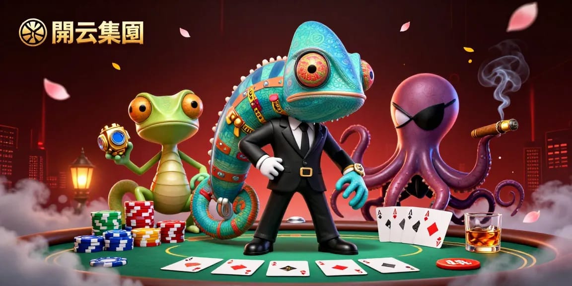 开雲集團展示了一个动态的扑克场景，三位卡通角色围绕着满是筹码的扑克桌。