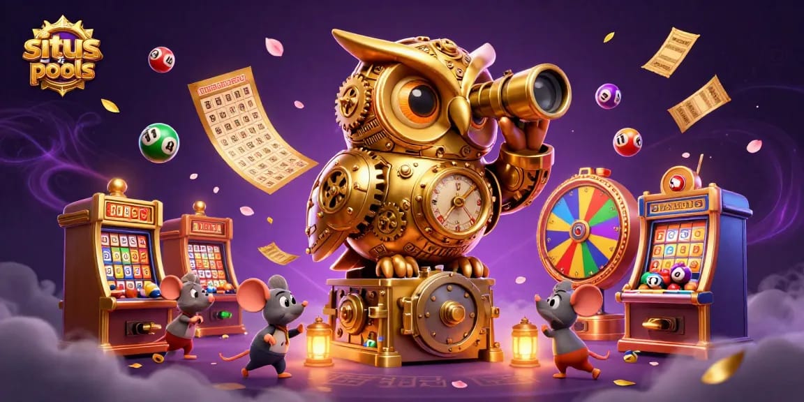 Situs hk pools menampilkan ilustrasi 3D tentang burung hantu emas mekanis dan tikus pengunjung di kasino yang ramai.