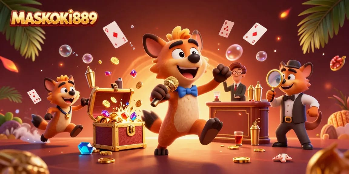 Engage with MASKOKI889's lively casino scene featuring hyenas in a comedic setup.