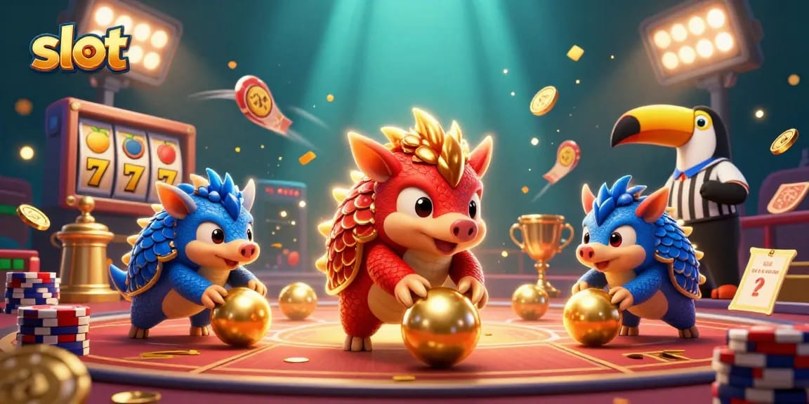 Compete in the slot games with rival pangolins at a vibrant online casino arena.