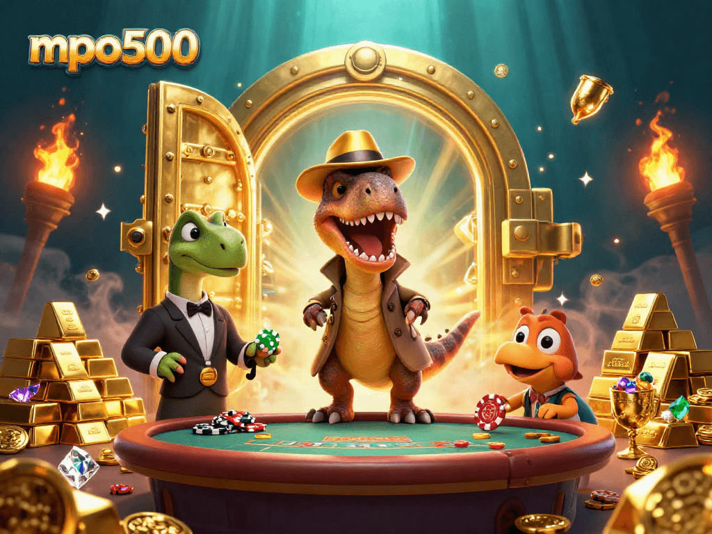 Penghitungan kartu velociraptor mpo500 di meja blackjack sambil curi keripik, dikelilingi harta karun.