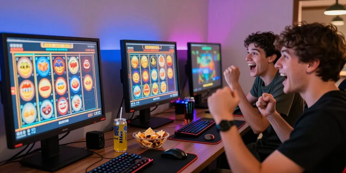 Penggemar nagahitam303 bermain slot online dengan semangat dan pernak-pernik seru di meja.