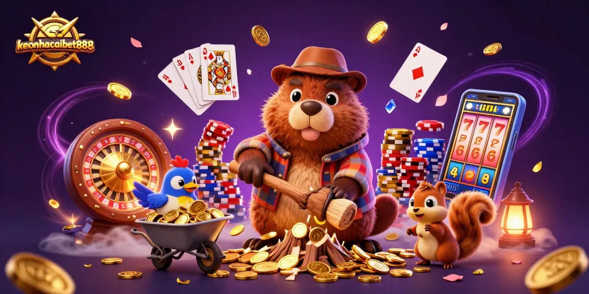 Experience thrilling gameplay at keonhacaibet888 with a beaver collecting coins and dynamic casino elements.