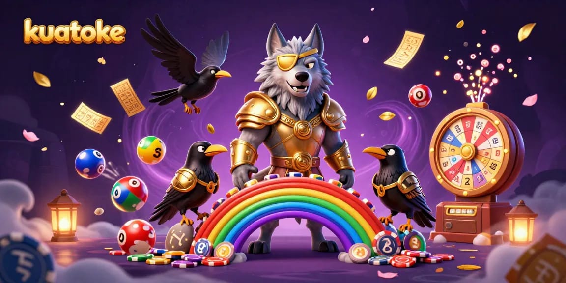Kuatoke brings excitement alive with a Norse-inspired casino scene featuring an Odin wolf, vibrant games, and lottery elements.
