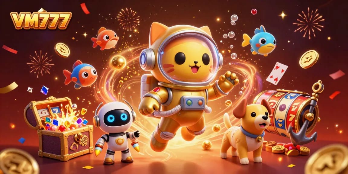 Experience exciting gameplay with VM777 featuring a cat astronaut, robot dog, and casino elements.