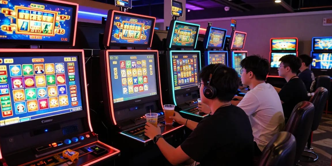 Exciting slot online gaming scene with players using digital machines and accessing RTP data.
